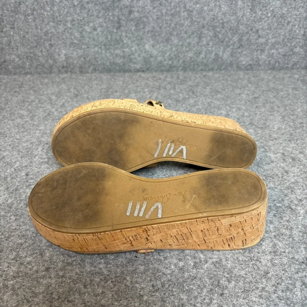 Sam Edelman Regis Brown Nude Patent Leather Slip On Cork Wedge Sandals Womens 9